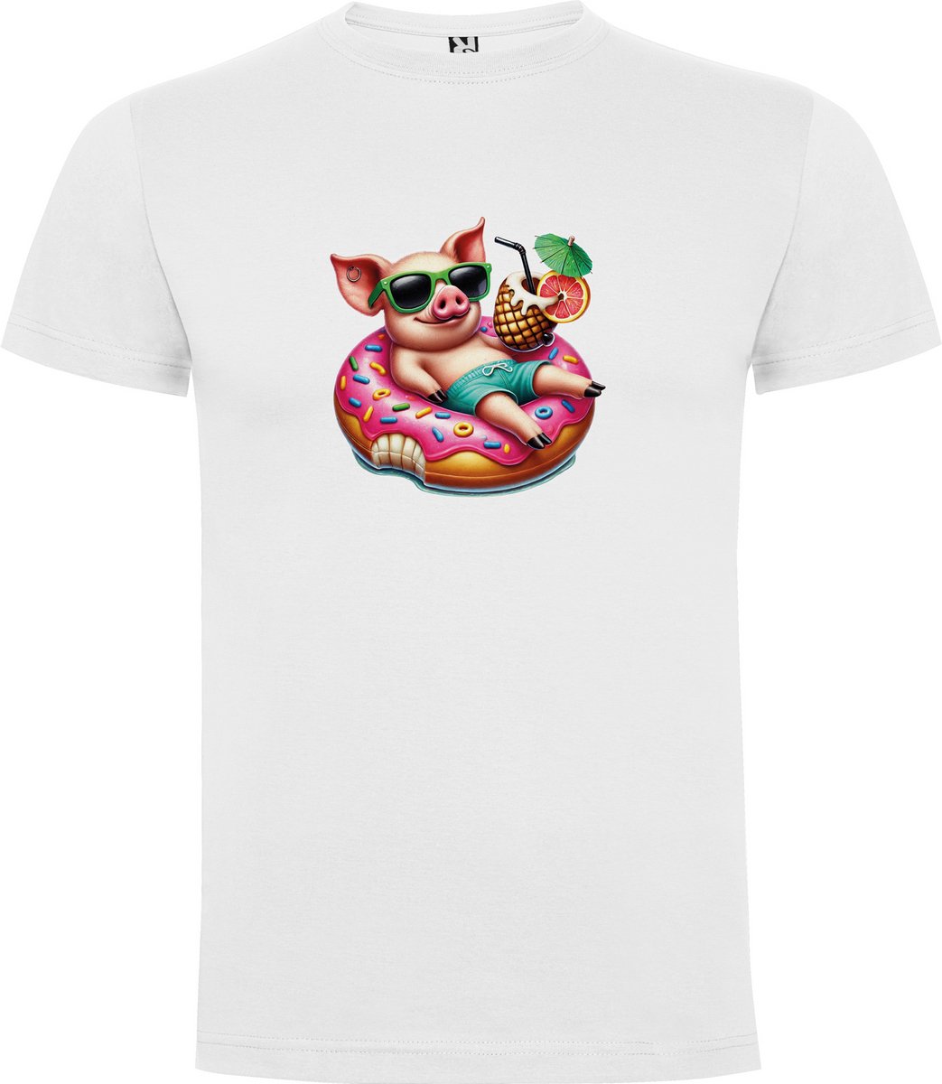 Wit T-Shirt met “Kleurrijke Varken met Ananas Cocktail in Donut zwemband – Feest – Vakantie – Chillen “ Print Full Color Maat 5XL
