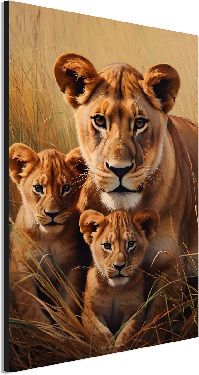 Wanddecoratie Metaal - Aluminium Schilderij Majestueuze leeuwenfamilie samen - 30 x 20 cm - Leeuwin - Muurdecoratie woonkamer en slaapkamer - Inclusief ophangsysteem - Modern - Modern - Displate alternatief