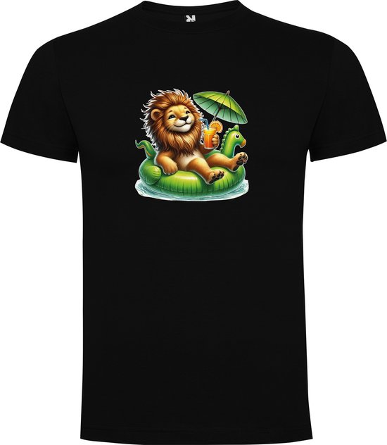 T-Shirt Zwart avec impression "Kleurrijke Leeuw met Zonnebril Cocktail en Dinosaurus zwemband – Feest – Vakantie - Chillen" Full Color Taille 3XL