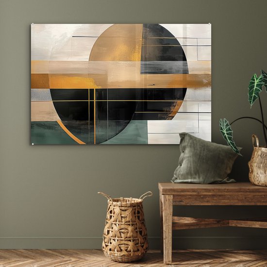 MuchoWow® Glasschilderij 120x80 cm - Schilderij acrylglas - Abstract - Goud - Brons - Groen - Vormen - Modern - Foto op glas - Muurdecoratie woonkamer - Wanddecoratie slaapkamer - Schilderijen