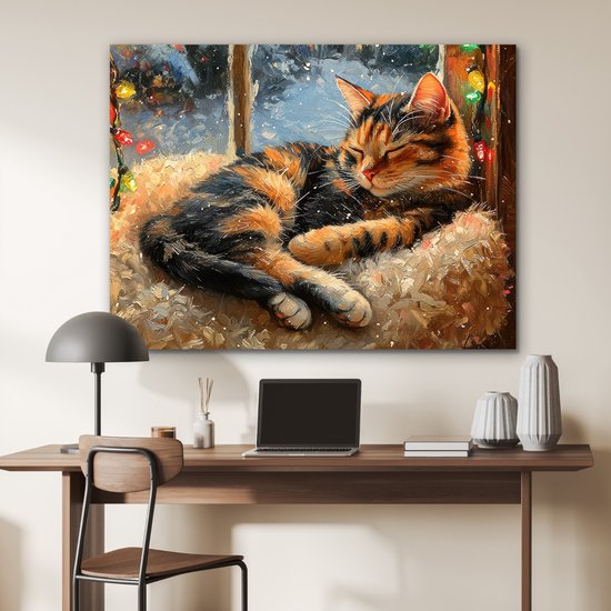 Tableau aluminium 120x90 cm - Décoration murale métal - Chat - Noël - Hiver - Animal - Décoration murale métallique salon - Décoration industrielle - Photo sur dibond - Accessoires industriels chambre à coucher