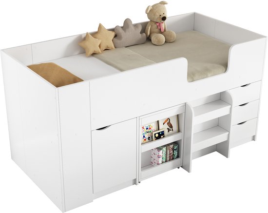 Soweiz Kinderbed, hoogslaper met ladder, uittrekbaar bureau, met