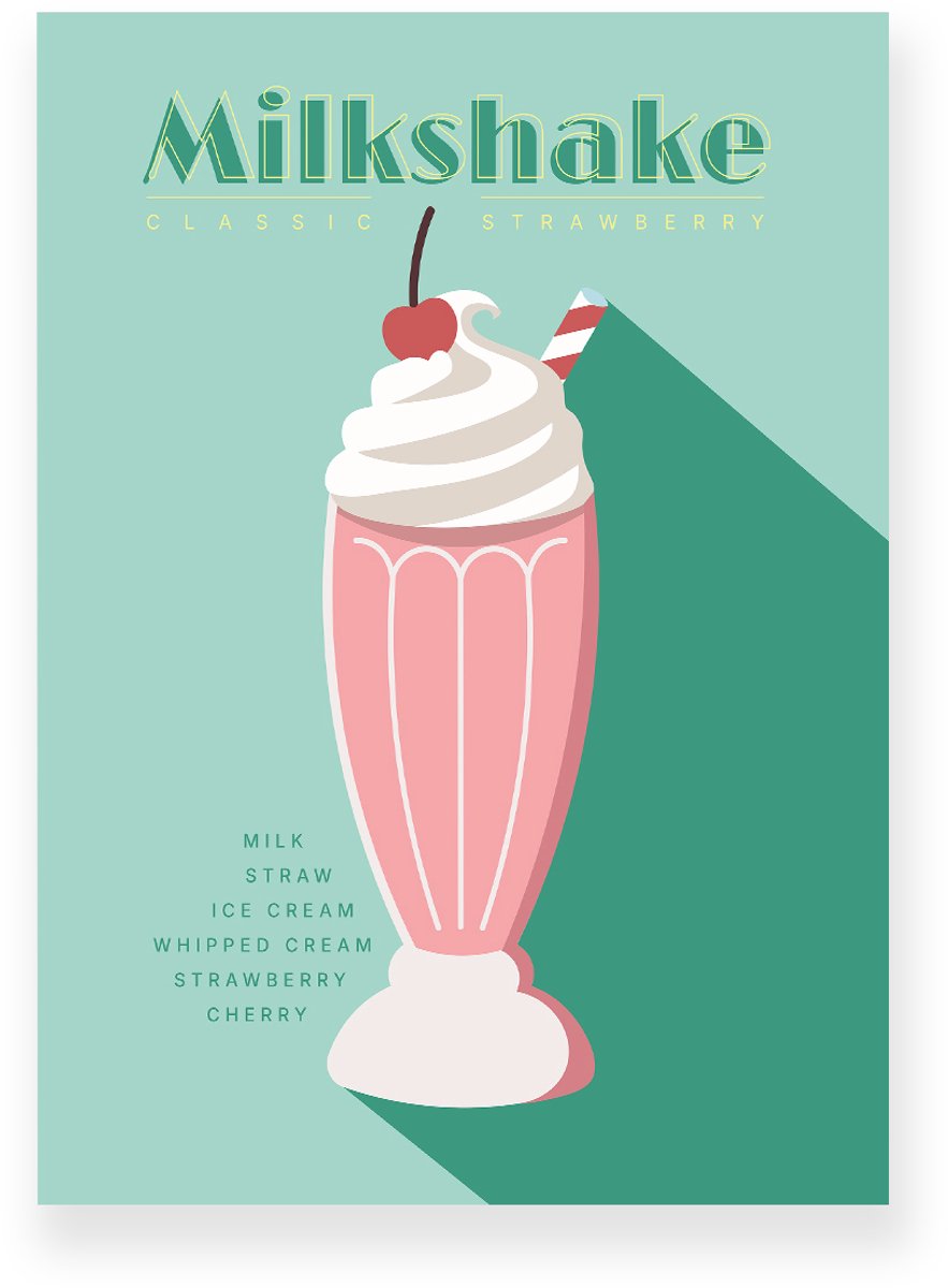Yisual Poster 30x40 cm - Strawberry Milkshake - Roze - Groen - Retro - Art deco - Muurdecoratie - Wanddecoratie