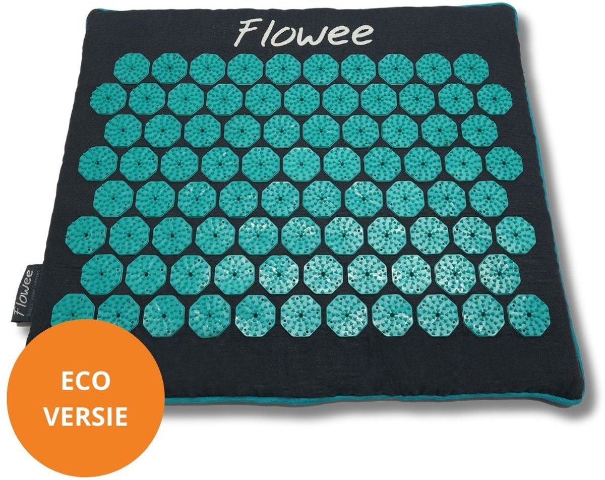 Flowee Spijkermat klein ECO - Grijs met zeegroen - Vulling Kokosvezels & Boekweitkaf - 44x37 cm - Acupressuur Mat - Spijkerbed - Acupunctuur - Shakti Massage - Vijf jaar Garantie