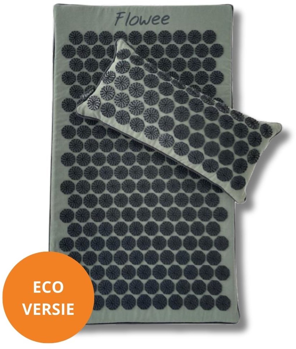 Flowee Spijkermat ECO & spijkerkussen SET - Groen met grijs - Vulling Kokosvezels & Boekweitkaf (77x45+22x44cm) - Acupressuur Mat - Spijkerbed - Acupunctuur - Shakti Massage - Vijf jaar Garantie