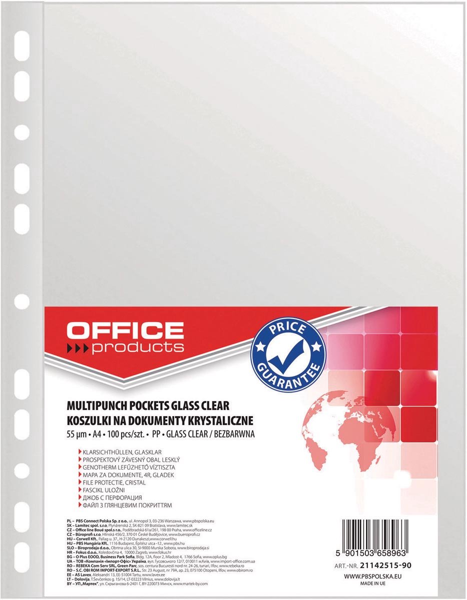 OFFICE products geperforeerde showtas, ft A4, 55 micron, glashelder, pak van 100 stuks 10 stuks