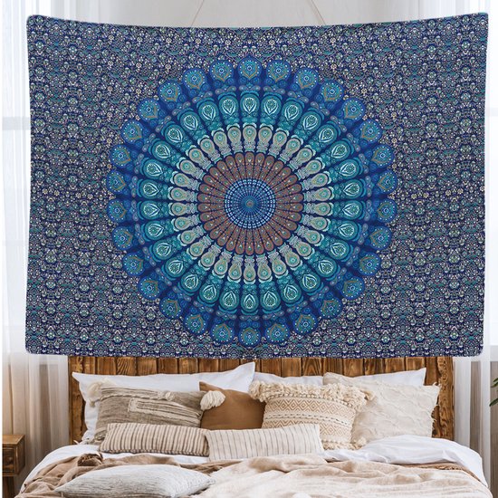 Ulticool - Tapis Mandala - Tapisserie - 200x150 cm - Groot Tapisserie en Tissu - Affiche - Blauw/ Wit