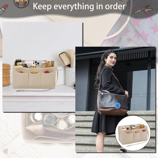 Hejo Handtas-organizer, vilten tasorganizer, 30 × 17 × 16 cm, tasorganizer, shopper, multi-pocket handtas, binnenzak voor dames en meisjes (beige L