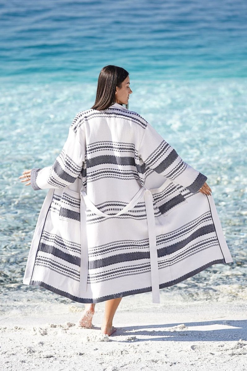 ZusenZomer Badjas kimono SYMA - Wit ingeweven Navy Blauw- fairtrade-oeko tex gecertificeerd- unisex badjas