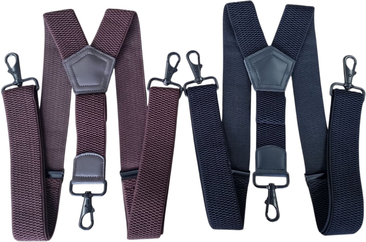 Duo Pack Bretels Zwart-Bruin Met 3 stevige Karabijnhaken Voor om de lus Van je broek