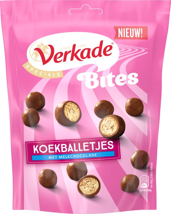 Roze verpakking met Verkade Bites Koekballetjes met melkchocolade. Nieuw! 120g.