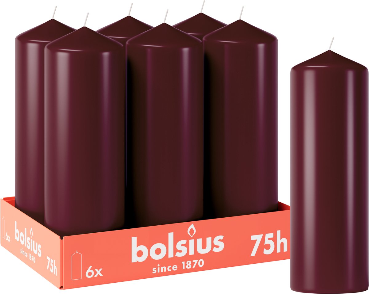 Bolsius Gladde Stompkaarsen - 6 stuks - Bordeauxrood - 75 branduren - 20 x 6,8 cm