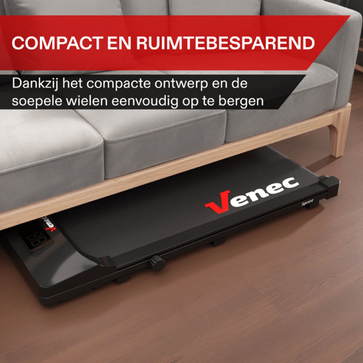Afbeelding 2 van Venec Sprint - Elektrische Loopband inklapbaar met armleuningen - 1-8 km/u - met afsandbediening en LCD-display - Incl. Tablethouder - Walkingpad - Treadmill - Zwart