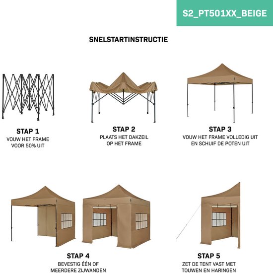 VONROC Easy Up Partytent 3x3 M Premium Set Incl. Zijwanden Met Muggennet Modulair Ontwerp Opvouwbaar Waterdicht Stalen Frame 50 Uv Bescherming Opbergtas Beige 1643066774