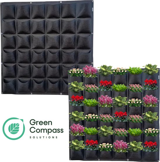Green Compass Solutions® Verticale Tuin - 36 Vakken - 100 x 100 cm - Inclusief Gratis Bevestigingsset - Kweekzak - Kweekbak van Vilt - Moestuin – Plantenbak – Plantenzakken - Kweekzakken