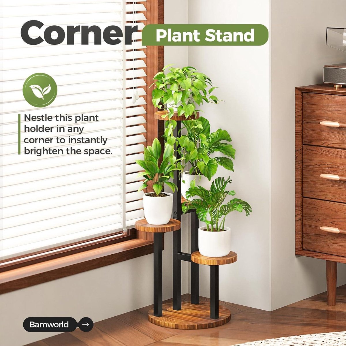 Bamworld 5-laags hoge plantenstandaard indoor hoek houten plantenplank