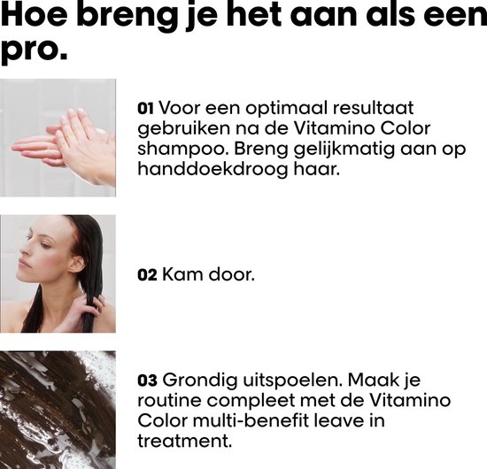 Guide étape par étape pour appliquer L'Oréal Vitamino Color : se laver les mains, peigner les cheveux et rincer. Trois images.