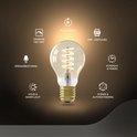 E27 spiraal gloeilamp. Icons tonen: Dimbare met app, Plug & Play, App-gestuurd, Spraakbesturing, Schema's & Timers, Koud & Warm licht, Scènes & Automatisering.