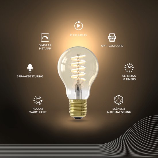 E27 spiraal gloeilamp. Icons tonen: Dimbare met app, Plug & Play, App-gestuurd, Spraakbesturing, Schema's & Timers, Koud & Warm licht, Scènes & Automatisering.