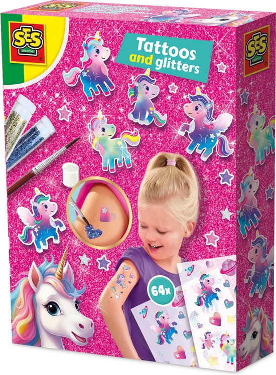 SES Creative 14724 Licorne - Tatouages ​​et paillettes - Kit de loisirs créatifs pour Enfants à partir de 5 ans - Comprend des tatouages ​​métalliques et de la colle pailletée - Perfect pour les fêtes licorne