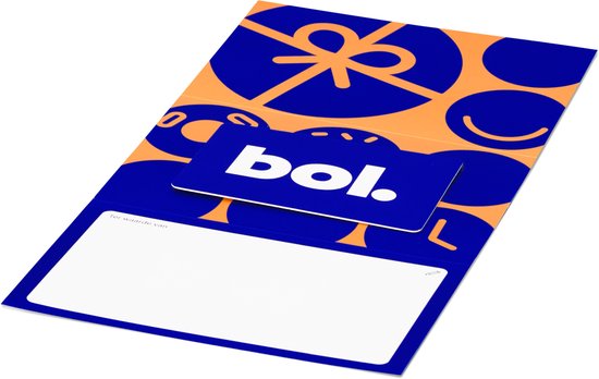 Bol cadeaukaart op een oranje kaart met blauwe cirkels en een cadeaulint. De kaart is bedrukt met 'bol.'