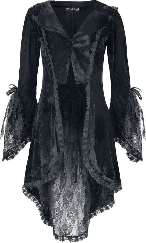 Veste noire en velours avec manches cloche longues, finitions en dentelle et rubans sur les manches. L'avant présente une veste tombante ouverte et des détails en dentelle.