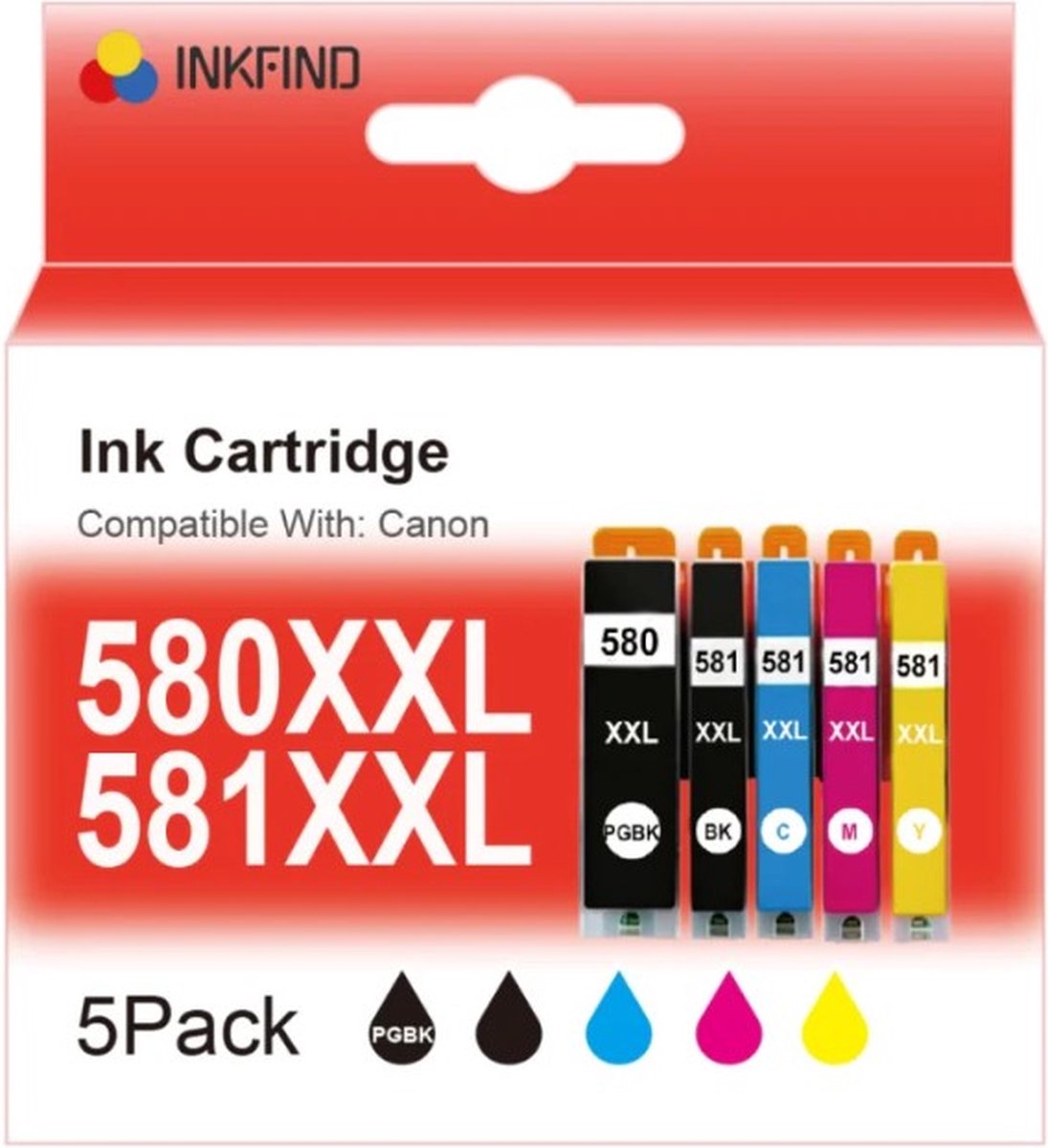 INKFIND 580XXL 581XXL voor Canon580 Canon581 PGI580 CLI581 inktcartridge 5 stuks (Zwart x 1, Foto Zwart x 1, Cyaan/Magenta/Geel x 1) voor Canon PIXMA TS705 TR7550 TR8550 TS6150 6151 TS6250 6251 TS6350 TS8150 TS8151 TS8152 TS8250 TS8251 TS8252 TS8350