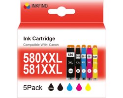 INKFIND 580XXL 581XXL voor Canon580 Canon581 PGI580 CLI581 inktcartridge 5 stuks (Zwart x 1, Foto Zwart x 1, Cyaan/Magenta/Geel x 1) voor Canon PIXMA TS705 TR7550 TR8550 TS6150 6151 TS6250 6251 TS6350 TS8150 TS8151 TS8152 TS8250 TS8251 TS8252 TS8350
