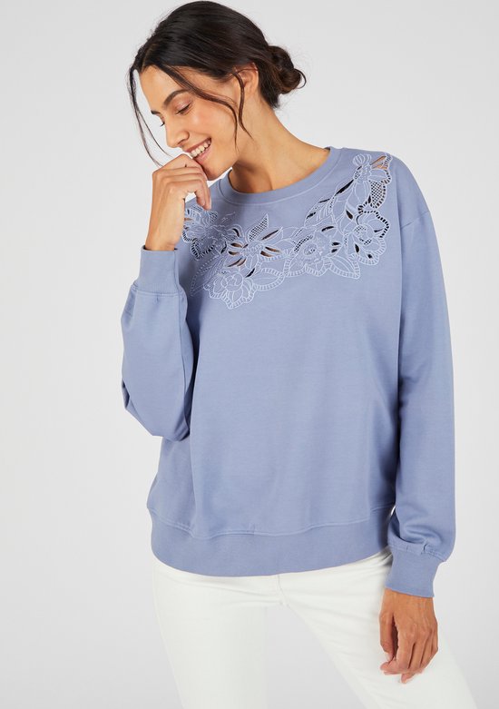 Damart - Sweat brodé en pur coton - Femme - Blauw - M