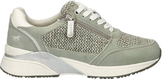 Lichtgroene Mustang sneaker met veters, rits en zilveren details. Zijkant met gevlochten textuur.