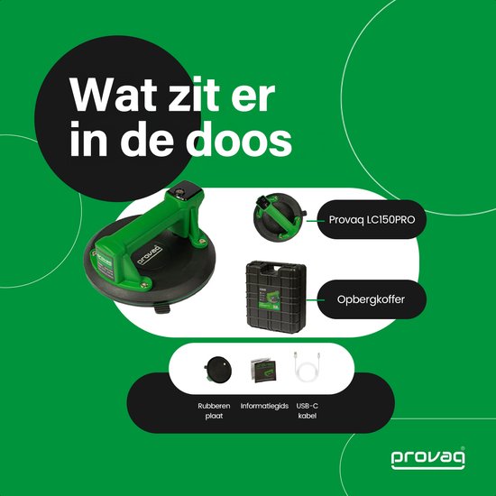 Inhoud van de doos: Provaq LC150PRO zuignap, opbergkoffer, rubberen plaat, handleiding en USB-C kabel.