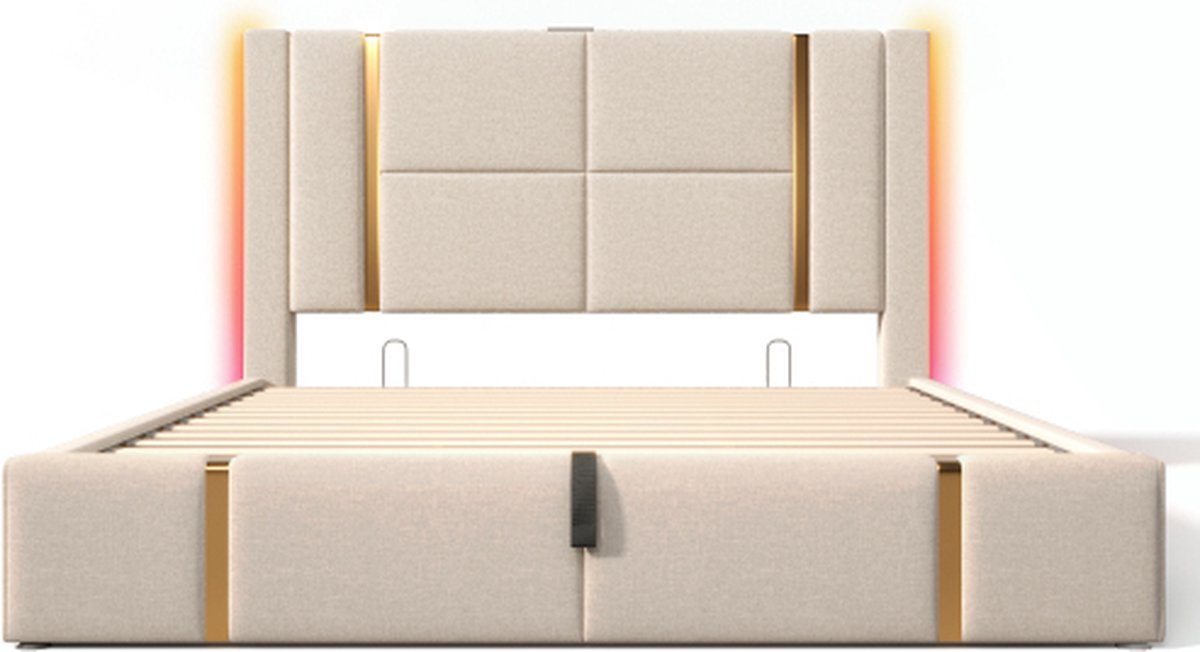 Gotagee Gestoffeerd bed tweepersoonsbed USB Type C oplaadfunctie APP-bediening LED 140×200 opbergbedden bedframe, houten lattenbodem, beige linnen materiaal (zonder matras)