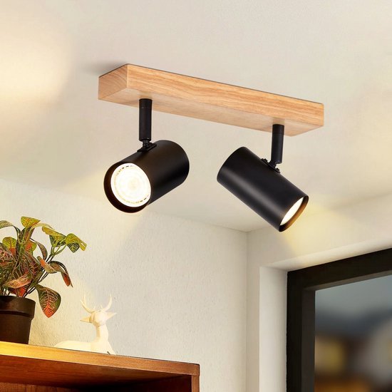 Retro Design Plafondspot Ouglres Industriële Plafondlamp Zwart – 2-armige Retro Spot Van Metaal En Hout, GU10 Fitting GU10 Verlichting