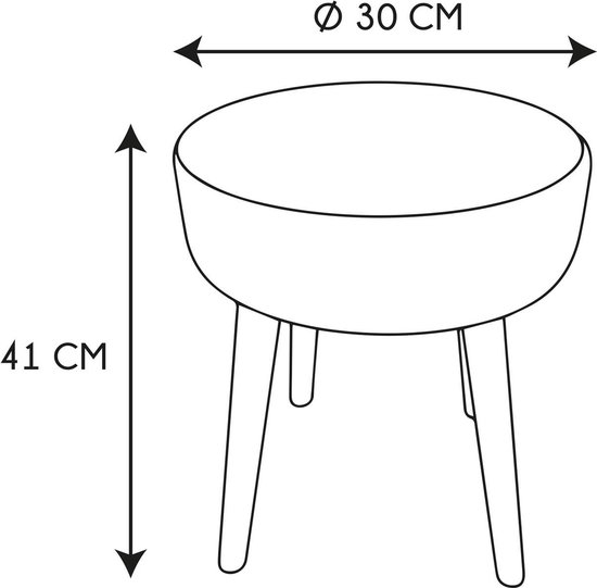 Schematische tekening van een beige krukje met houten poten, met afmetingen van 30 cm breed en 41 cm hoog.