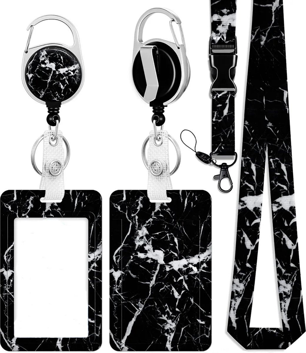 Travel Cords - Pashouder Set Black Marble - 4 in 1 set - pashouder - keycord - uitrekbare badgehouder - telefooncord - stevig - werk - school