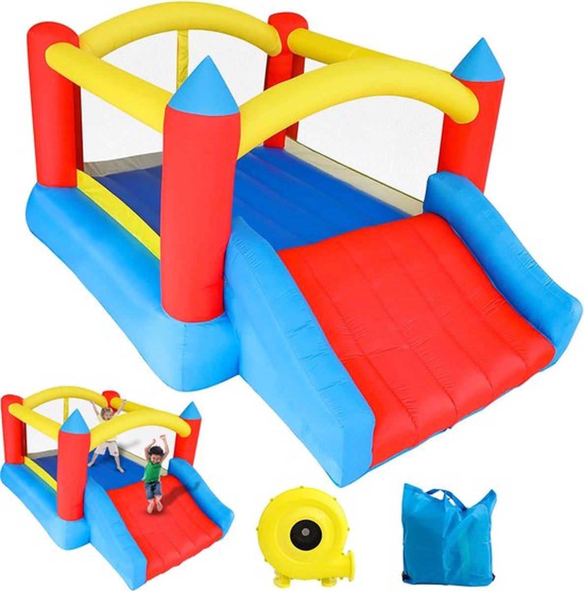 Thuys – Springkasteel – Springkussen – Met Glijbaan – Waterpret Speelgoed Buiten – Waterglijbaan Opblaasbaar – Met Blower – Multicolour