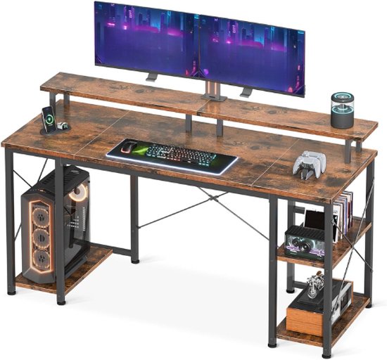 ODK Gamingbureau Met LED-verlichting En Stopcontact – 120x50 Cm, Afneembaar Monitorrek, Stevig Carbon Design