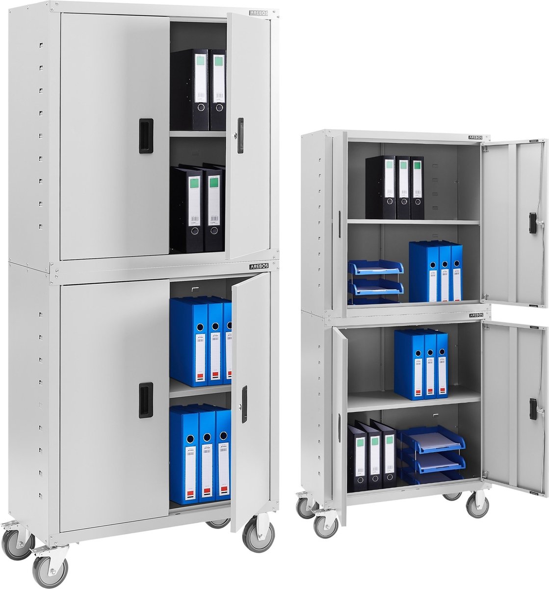 AREBOS Archiefkast - Dossierkast - Roldeurkast - Kantoorkast - Opbergkasten met deuren - Archiefkast Metaal - 180x90x40 cm - Grijs - 4 Wielen - 2 Uitneembare planken