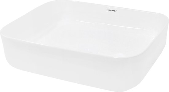 Lavabo blanc en céramique aux coins arrondis, avec logo de la marque.