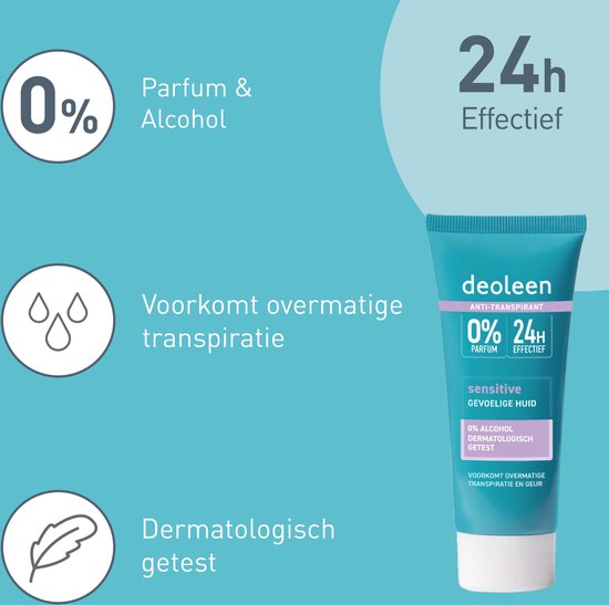 Deoleen anti-transpirant sensitive tube met claims: 0% parfum & alcohol, voorkomt transpiratie, dermatologisch getest.