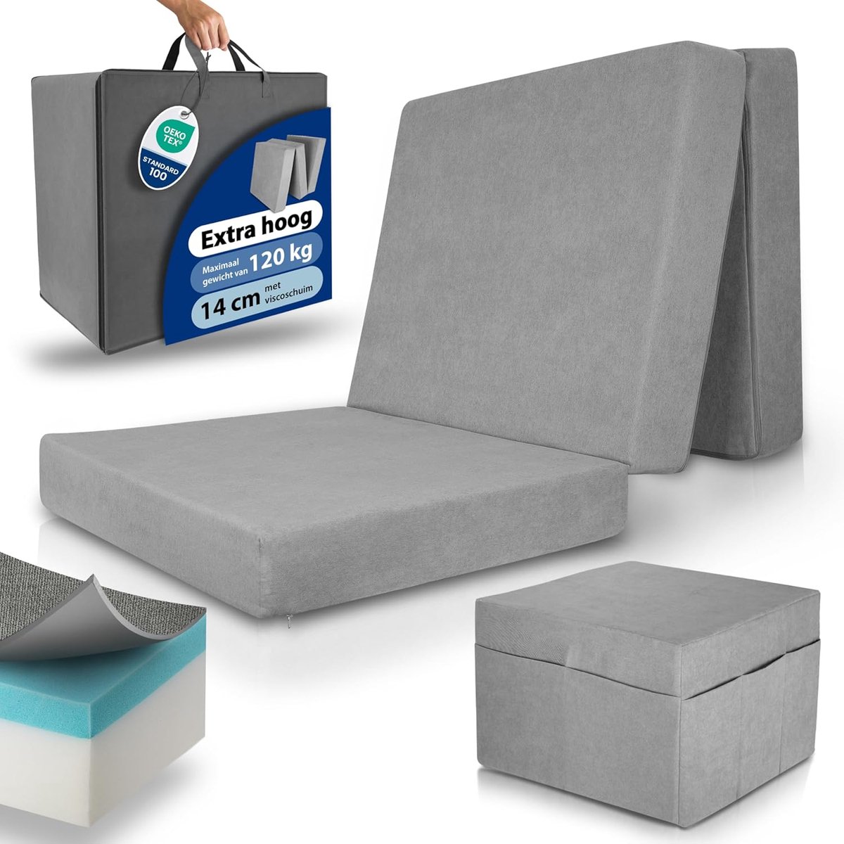Beautissu VS95 – Premium Opvouwbaar Matras XXL 120x200 cm inkl. Hoes – Extra Dik 14 cm Traagschuim Vouwmatras H3 – Wasbar Eenvoudig – Transport – Grijs
