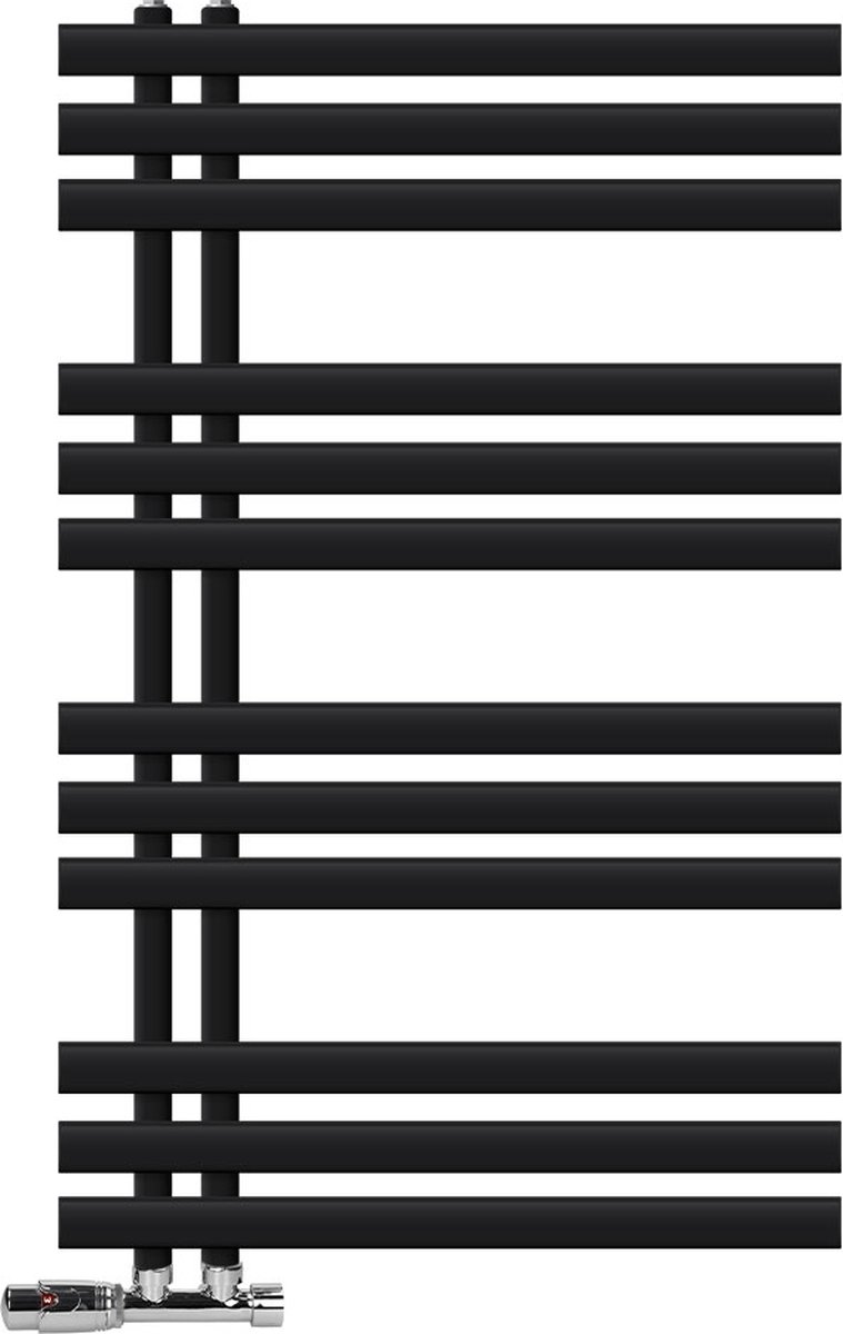 Badkamer radiator middenaansluiting 600x1000 mm zwart mat met wandthermostaatkraan LuxeBath