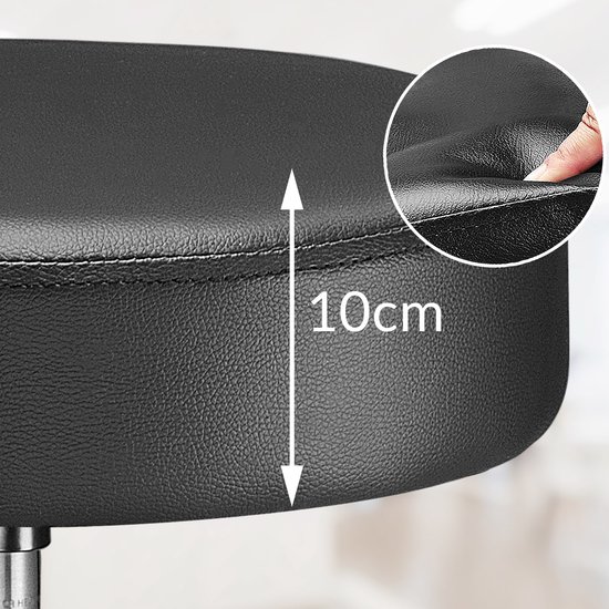 Close-up van het dikke, zwarte zitvlak van een kruk met een dikte van 10cm.