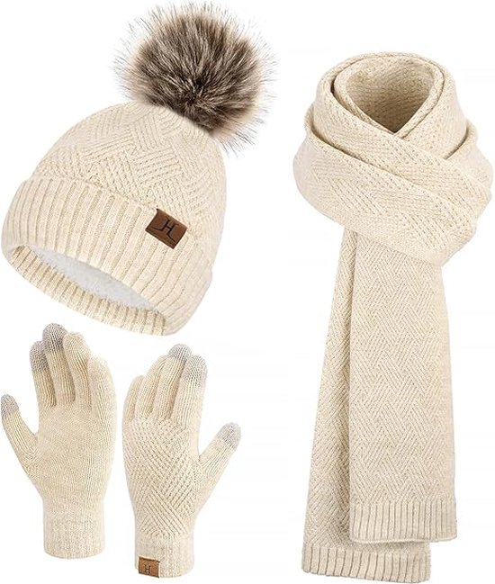 100% Nieuw, 4PCS Unisex Winter Hat Sjaal Handschoenen Slouchy Beanie Sneeuw Gebreide Skull Cap Touch Screen Wanten Cirkel Sjaals | NL