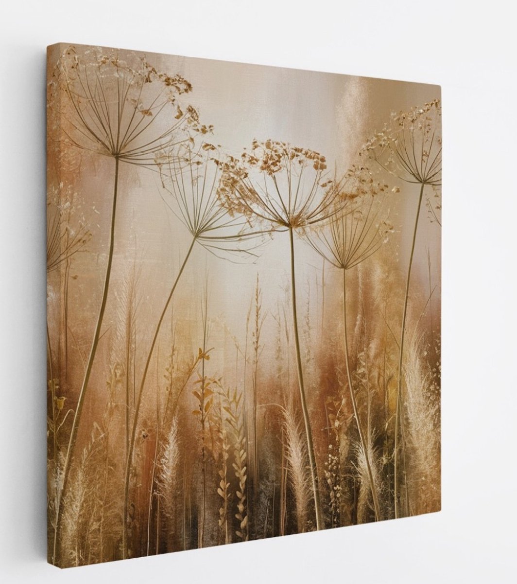 Saammp Canvas Schilderij - Abstracte Planten - Naturel en Goudtinten - 60x60 - Foto op canvas - Wanddecoratie - Muurdecoratie Woonkamer - Kantoor Decoratie Multicolor