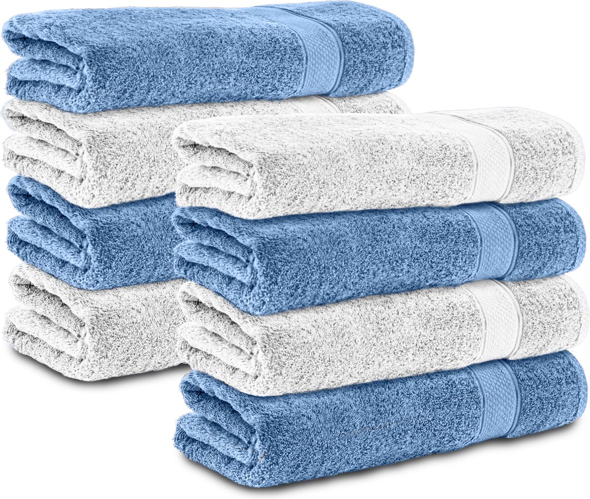 Komfortec 8x Handdoek 70x140 - 100% Katoen – Handdoekenset - Zacht - Lichtblauw/Wit