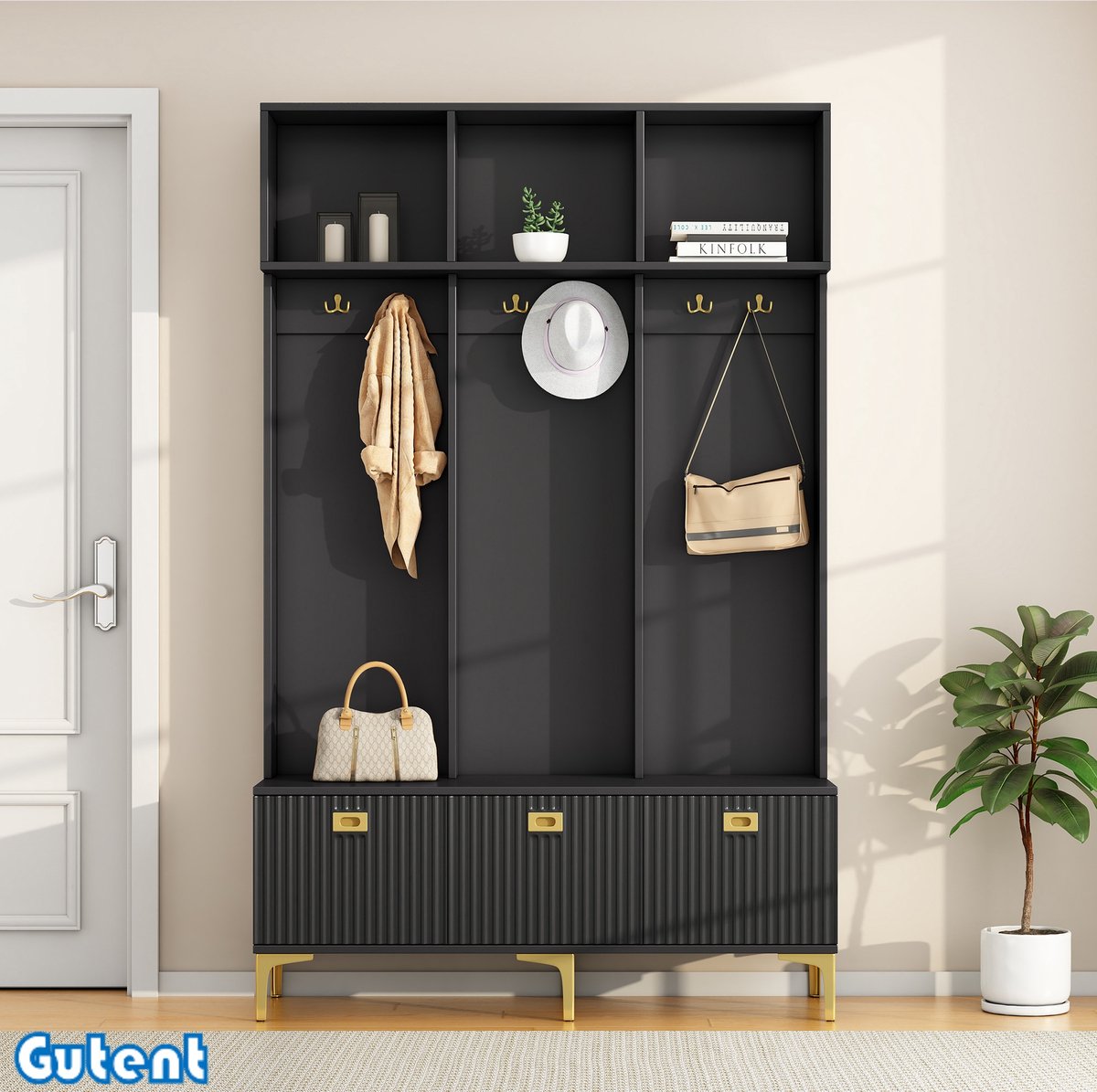 Gutent Garderobeset-Opbergbank-6 Gouden Haken-Zwart-W120/D23.5/H191.5CM