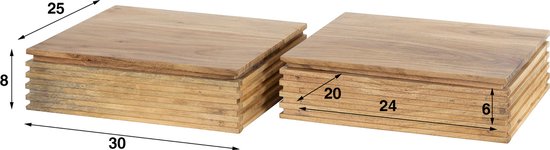 Twee houten opbergdozen met gestapelde lamellen, naturel afwerking.