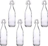 Set van 6 Glazen beugelfles - 1 Liter per Fles- Fles met Beugelsluiting - Waterfles Glas - Beugelflessen - Weckfles - Inmaakfles - Sapfles - Italiaans Glas - Beugelfles - Transparant