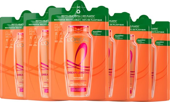 L'Oréal Paris Elvive Dream Lengths Shampoo Refill - Voor lang, beschadigd haar - Herstellend - Hervulbaar - Navul verpakking - 6x250 ml
